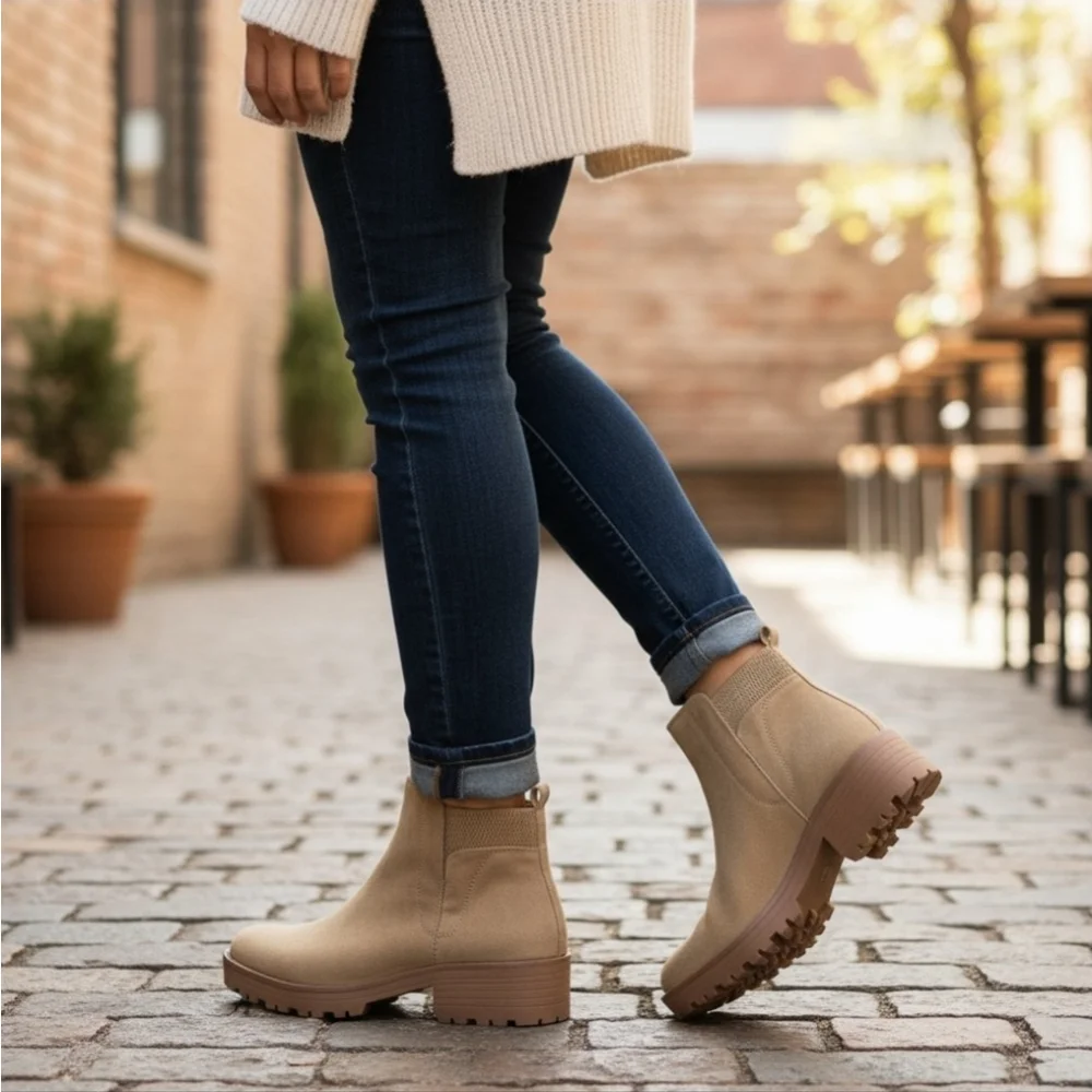 Sun + Stone Faux Microsuede Chelsea Zip On Lug Boots Booties 7.5 M Desert Beige